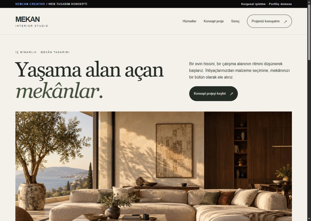 Krem ve zeytin tonlarında MEKAN Studio ana sayfası